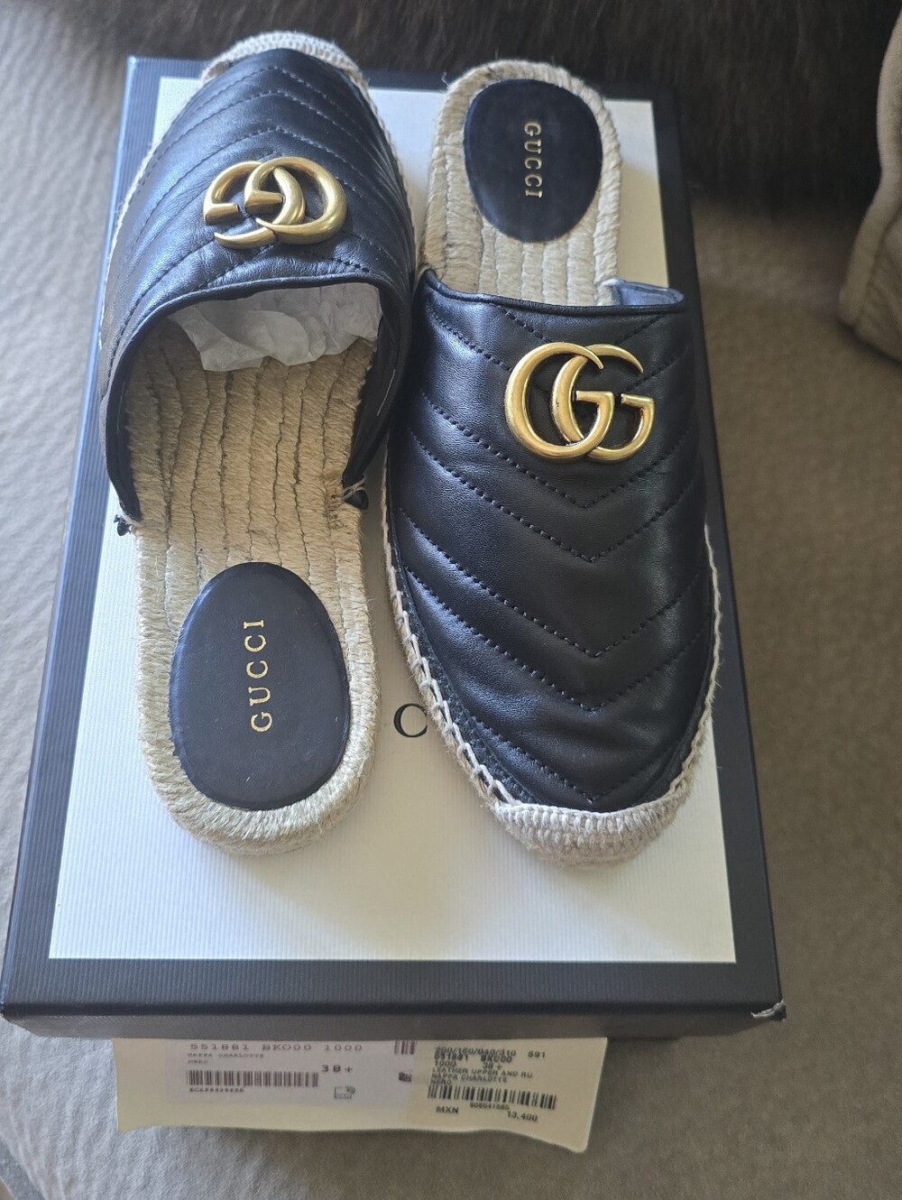 Gucci Black Quilted Leather GG Espadrille Mule Slides with Gold Hardware